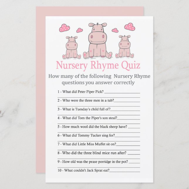 Pink Hippo Nursery Rhyme Quiz baby shower game (Front/Back)