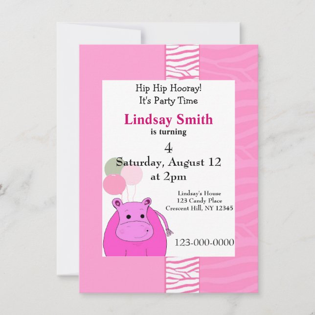 Pink Hippo Party Invitation (Front)