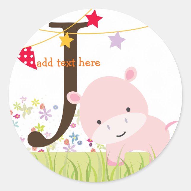 Pink Hippo stickers/add monogram Classic Round Sticker (Front)