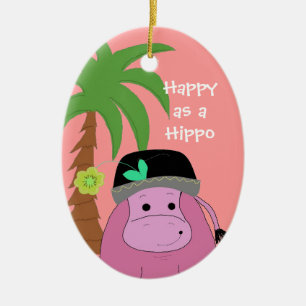 Pink Hippopotamus with a Palm Tree Ceramic Ornament