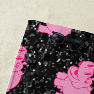 Pink Hippos Cute Hippopotamus Smiling Face Beach Towel