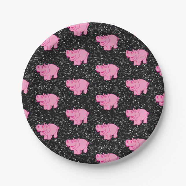 Pink Hippos Cute Hippopotamus Smiling Face Paper Plate (Front)