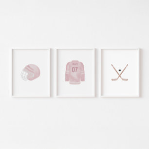 Pink hockey custom name wall art set of 3