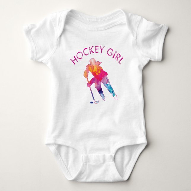 Pink Hockey Girl Watercolor Baby Bodysuit (Front)
