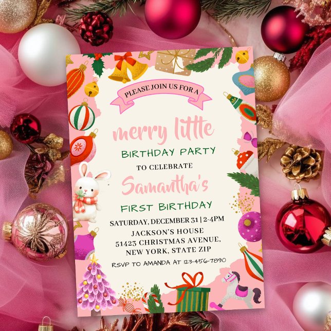 Pink holiday Christmas 1st Birthday party Invitation (Creator Uploaded)