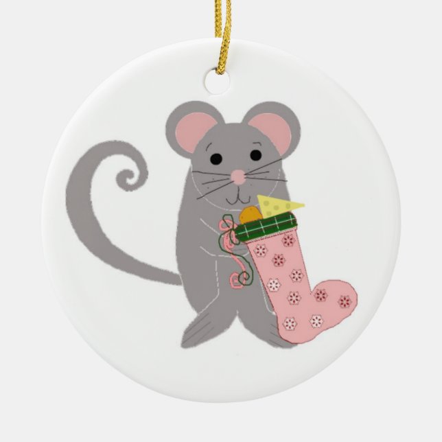 Pink Holiday Mouse Ceramic Tree Decoration (Front)