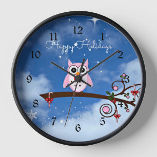 Pink Holiday Owl Clock