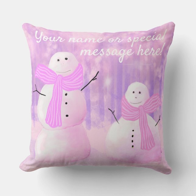 Pink Holiday Personalised Snowman Throw Pillow (Front)