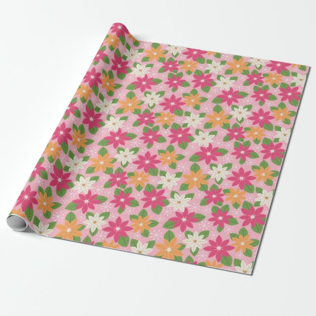Pink Holiday Poinsettias Retro Style Gift Wrap (Unrolled)