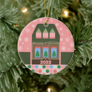 Pink Holiday Village Ceramic Ornament