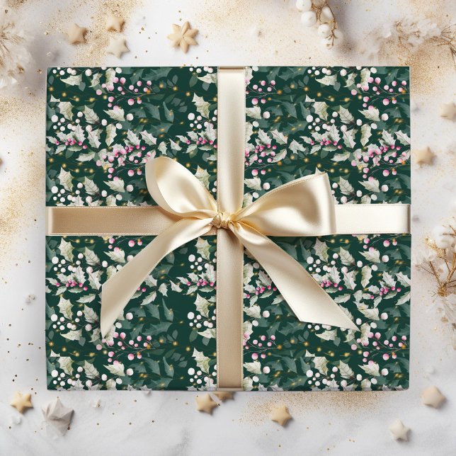 Pink Holly Berries and Foliage on Dark Green Wrapping Paper (Creator Uploaded)