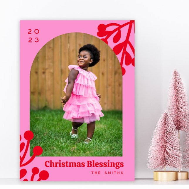 Pink Holly Berries Christmas Photo Arch Holiday Card (Creator Uploaded)