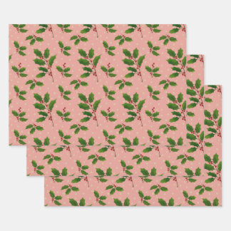 Pink Holly gift wrap 3 pack
