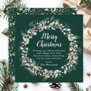 Pink Holly Wreath Merry Christmas Holiday Card