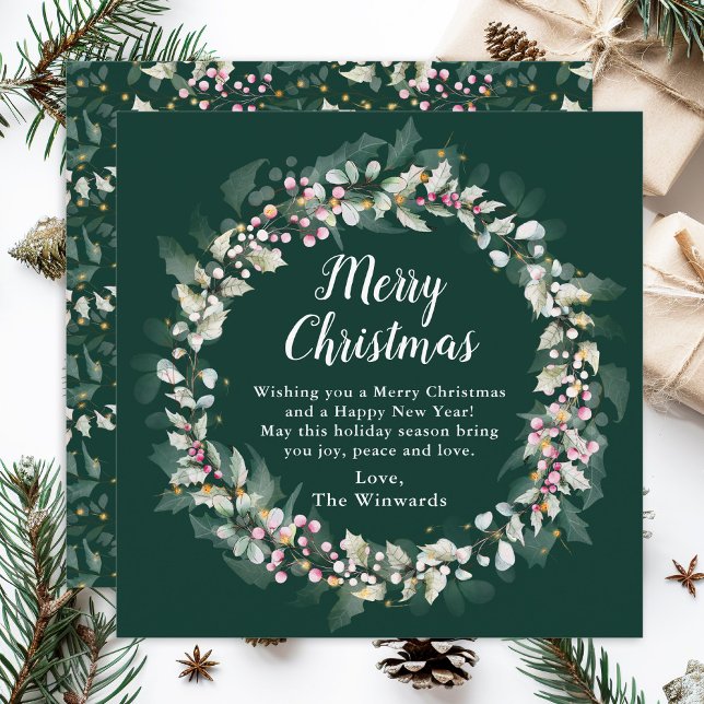 Pink Holly Wreath Merry Christmas Holiday Card (Creator Uploaded)