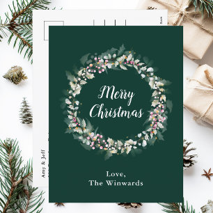 Pink Holly Wreath Merry Christmas Holiday Postcard