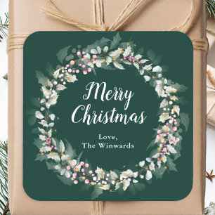Pink Holly Wreath Merry Christmas Square Sticker