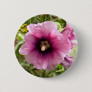 PINK HOLLYHOCK FLOWER 6 CM ROUND BADGE