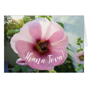 Pink Hollyhock Flower with Bee Rosh Hashanah Card