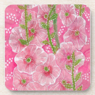 Pink Hollyhock Mallow Malva Flower Floral Painting Coaster