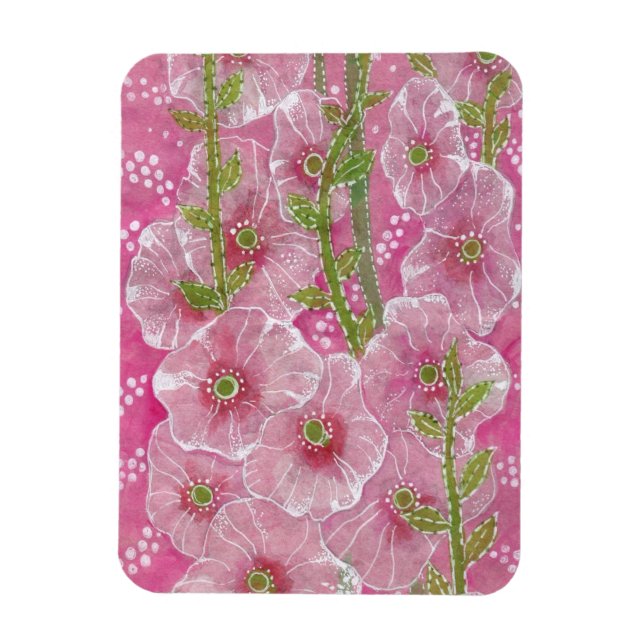 Pink Hollyhock Mallow Malva Flower Floral Painting Magnet (Vertical)