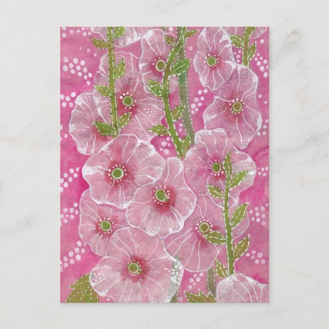 Pink Hollyhock Mallow Malva Flower Floral Painting Postcard (Front)