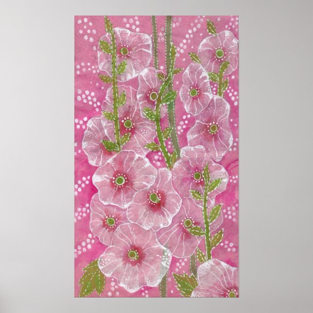 Pink Hollyhock Mallow Malva Flower Floral Painting Poster (Front)