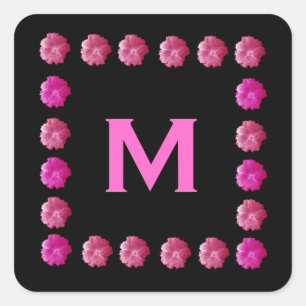 Pink Hollyhocks Monogram M or Any Letter V562 Square Sticker