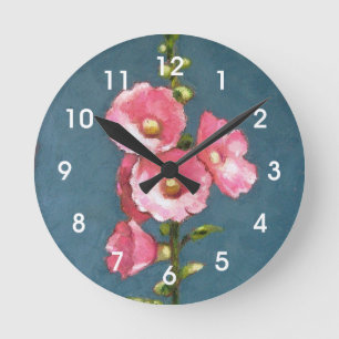 Pink Hollyhocks: Oil Pastel Art, Flowers Round Clock