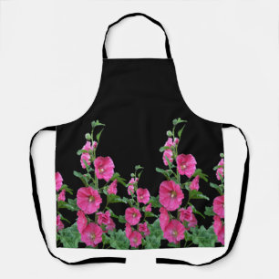 Pink Hollyhocks on Black Apron