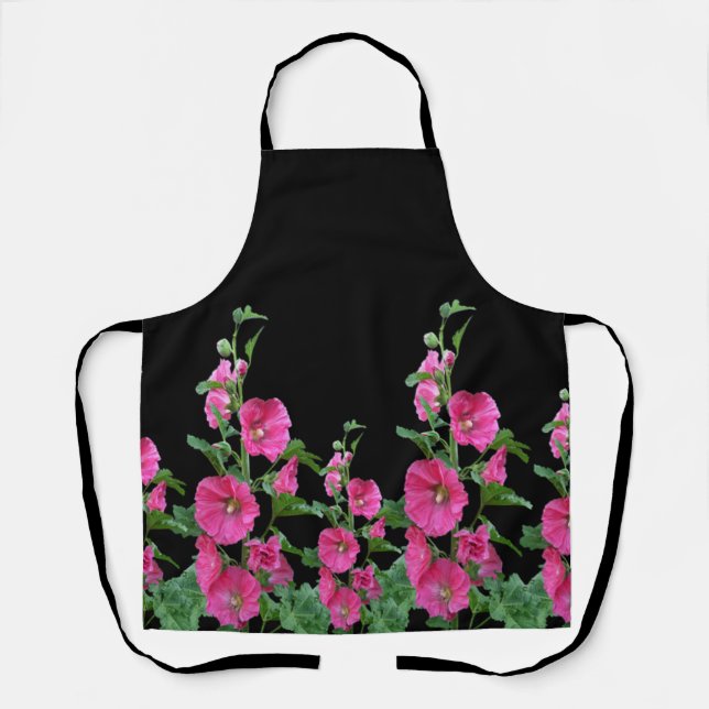 Pink Hollyhocks on Black Apron (Front)