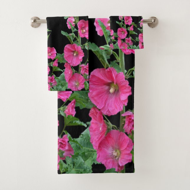 Pink Hollyhocks on Black Bath Towel Set (Insitu)