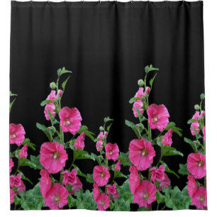 Pink Hollyhocks on Black Shower Curtain