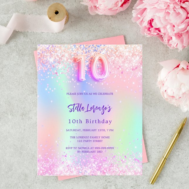Pink holographic 10th birthday budget invitation (Creator Uploaded)