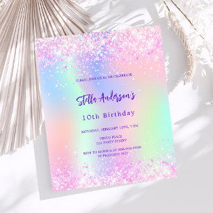 Pink holographic 10th birthday budget invitation