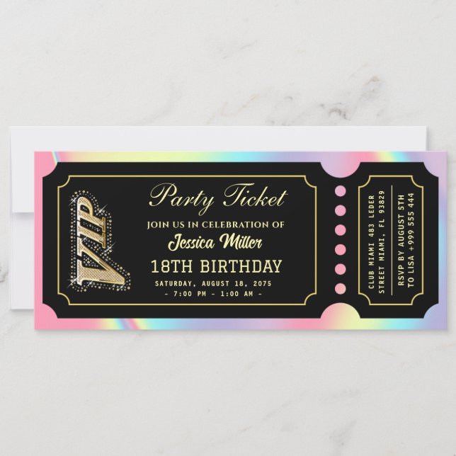 Pink Holographic Black Luxury Ticket Invitation (Front)