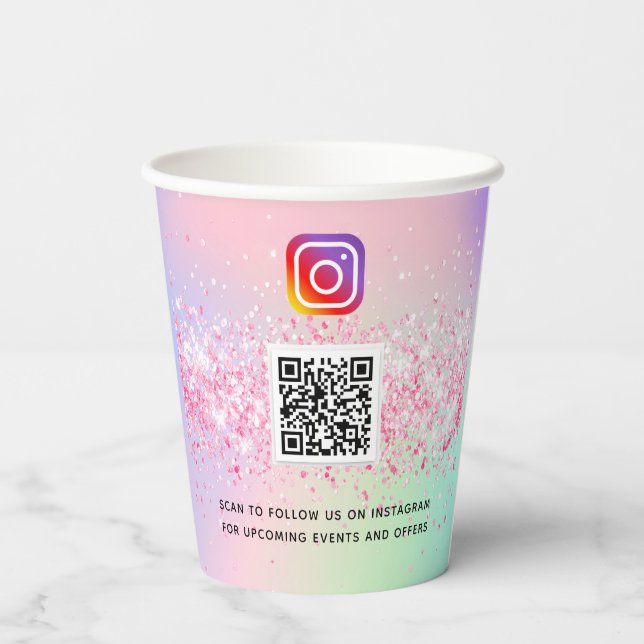 Pink holographic business logo qr code instagram paper cups (Back)
