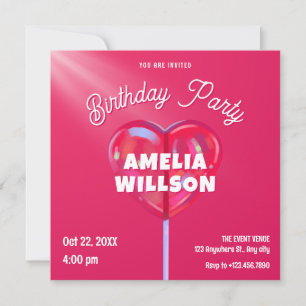 Pink holographic candy sweet birthday  invitation