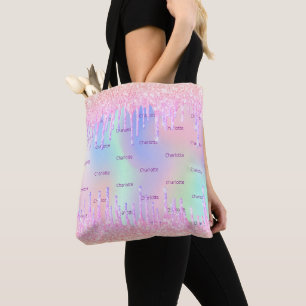 Pink holographic drips monogram tote bag