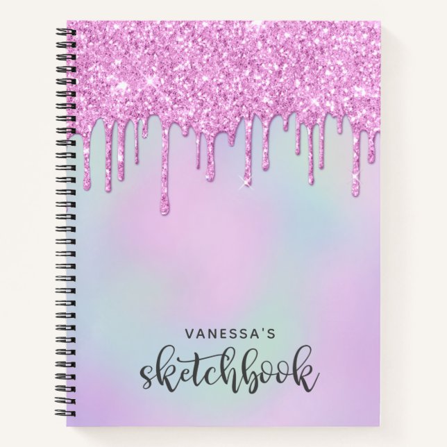 Pink Holographic Glitter Drips Artist Sketchbook Notebook (Front)