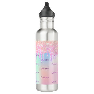 Pink holographic glitter drips girl name 710 ml water bottle