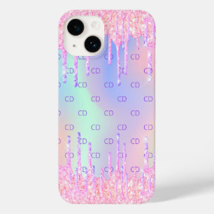 Pink holographic glitter drips monogram Case-Mate iPhone 14 case