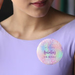 Pink holographic name birthday party 3 cm round badge<br><div class="desc">For a 18th (or any age) birthday party. A holographic coloured background in purple,  pink,  and mint green. Decorated with confetti.  Personalise and add a date,  name and age.  Can be used both as party favours,  save the date or name tags for the guests.</div>