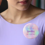 Pink holographic name Quinceanera 3 Cm Round Badge<br><div class="desc">For a Quinceañera,  15th birthday party. A holographic coloured background in purple,  pink,  and mint green. Decorated with confetti.  Personalise and add a date,  name and age 15.  Can be used both as party favours,  save the date or name tags for the guests.</div>