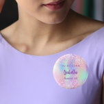 Pink holographic name Sweet 16 3 Cm Round Badge<br><div class="desc">For a Sweet 16 birthday party. A holographic coloured background in purple,  pink,  and mint green. Decorated with confetti.  Personalise and add a date,  name and age.  Can be used both as party favours,  save the date or name tags for the guests.</div>