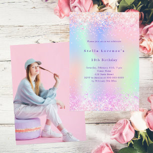 Pink holographic photo luxury birthday invitation