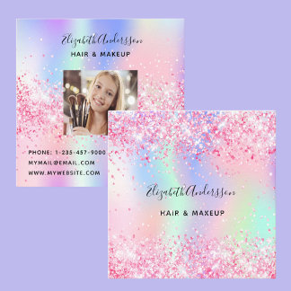 Pink holographic photo qr code square business card