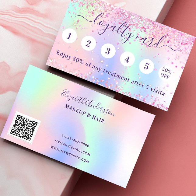 Pink holograpic purple glitter qr code loyalty card (Creator Uploaded)