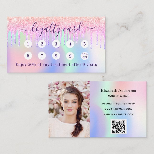 Pink holograpic qr code photo loyalty card (Front/Back)