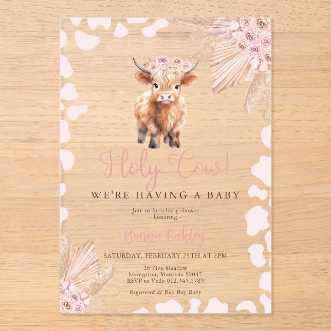 Pink Holy Cow Boho Dried Flower Baby Shower Acrylic Invitations (Front)